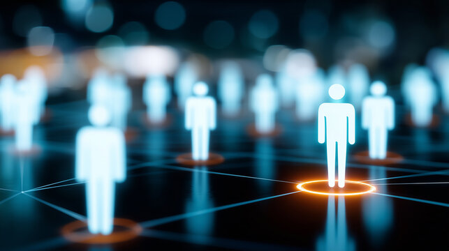 Connected people icons on digital network with highlighted user representing audience targeting and customer segmentation concept.
