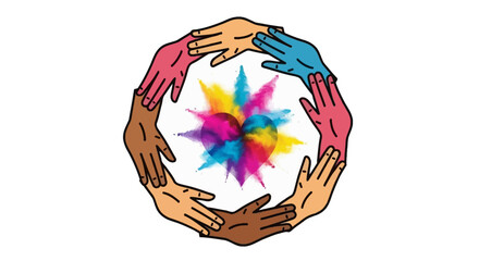 Naklejka premium A vibrant illustration of diverse hands forming a circle around a colorful, starburst design with rainbow hues on a white background, symbolizing unity and celebration