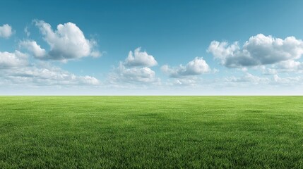 Obraz premium Expansive Green Field Under Bright Blue Sky with White Clouds Casting Soft Shadows for Natural and Scenic Backgrounds