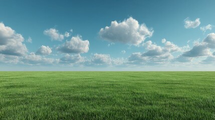 Obraz premium Lush Green Field Under Bright Blue Sky with Fluffy Clouds for Natural Landscape and Outdoor Themes in Photography