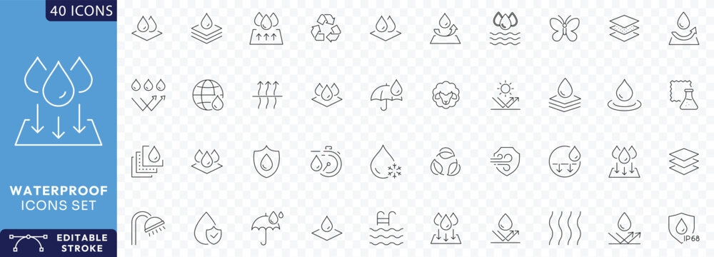 Waterproof icon set. Containing Water Protection, Water Resistant, Drops, Moisture, Anti Wetting Material, Hydrophobic, Weatherproof, Rain, Etc. Fully Editable. Vector illustration.