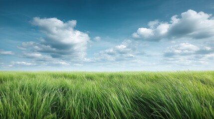 Obraz premium Expansive Green Grass Field Under a Bright Blue Sky with Fluffy White Clouds Forming a Peaceful and Serene Landscape in Nature