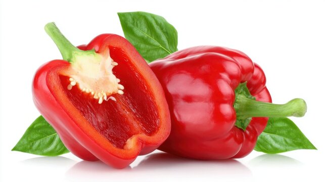 Red bell pepper and half with seeds on white background.