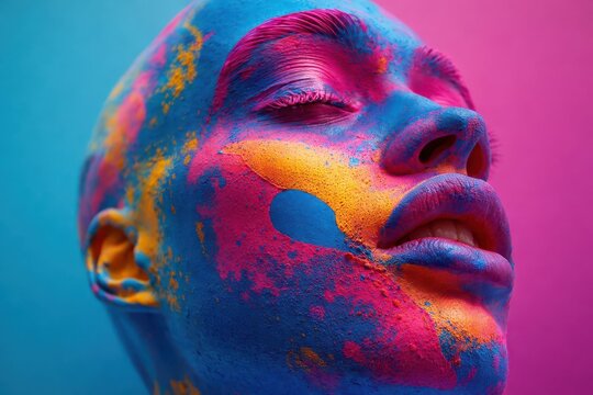 Vibrant surreal face painted in neon colors
