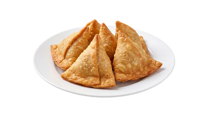 Four golden fried Indian samosas on a white plate, traditional savory snack isolated PNG with Transparent Background