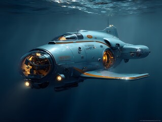 Naklejka premium A submarine is submerged in the ocean with the sun shining in. The scene is underwater, and you can see details like portholes and the overall design