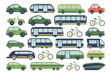 Colorful assortment of various transportation vehicles and modes