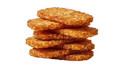 Stack of six golden brown crispy hash brown patties isolated PNG with Transparent Background