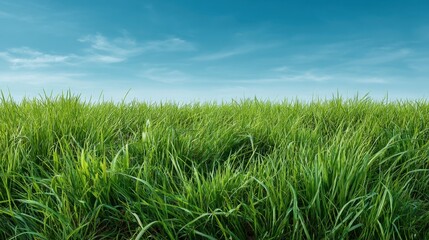 Obraz premium Vibrant Green Grass Field Under a Clear Blue Sky with Soft Clouds, Symbolizing Nature's Beauty and Tranquility in a Rural Landscape Setting