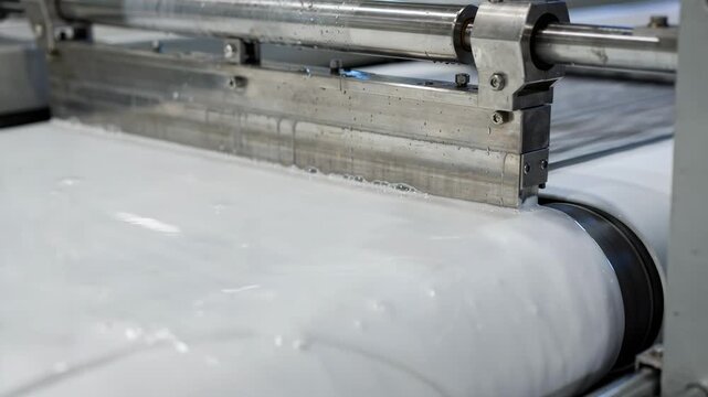 Medium shot of a singlesided aqueous coating head smoothly applying a uniform wet layer onto a flat substrate in a controlled industrial setting.