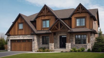 Charming contemporary house with stone and wood exterior showcasing modern architecture and well-maintained lawn in a serene neighborhood setting