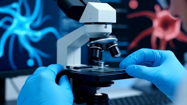 A researcher uses a microscope for AI Drug Discovery, examining cellular images on lab screens, propelling medical science forward.
