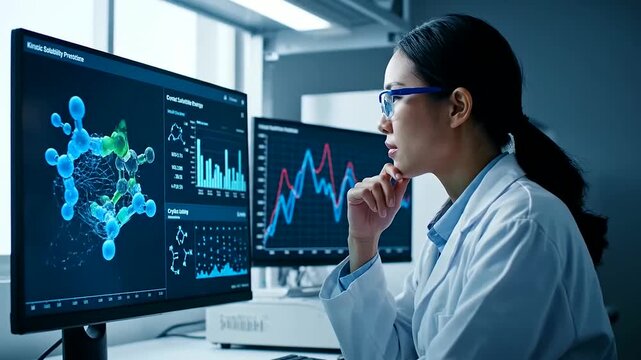 A focused scientist leverages AI Drug Discovery software on multiple screens, analyzing complex molecular structures and data in a modern research laboratory setting.