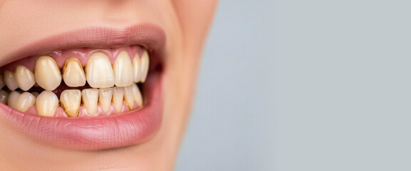Obraz premium Close-up on teeth erosion from smoking and smiling woman 