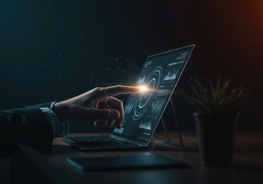 Achieving deep focus and concentration in a digital workspace; hands interacting with glowing technology in a state of creative flow and mental stillness, contemplation, hands, void
