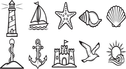 Fototapeta premium Assorted nautical and beach-themed illustrations in a single line Vector