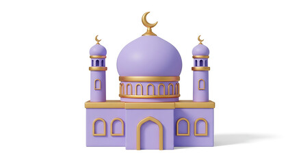 Obraz premium Modern 3D purple mosque illustration with golden domes and crescent moons isolated on a white background. 
