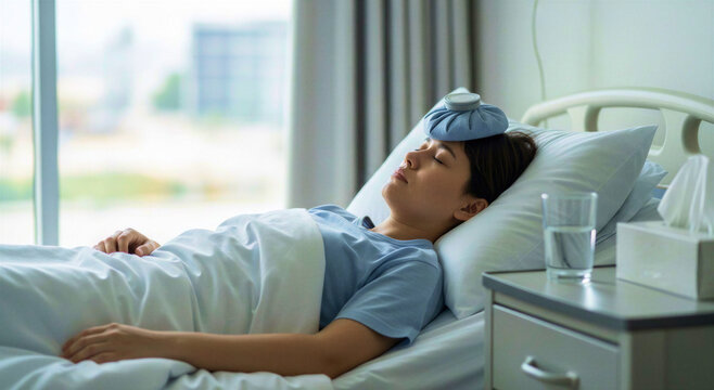 Patient resting with compress on forehead in bedroom with natural light  