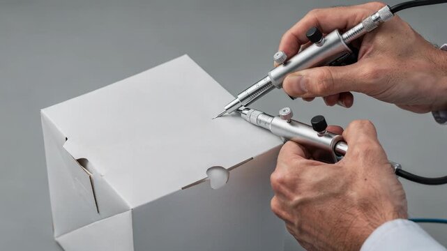 Medium shot focused on testing folding carton printability and surface texture with advanced gloss meters and micrometers.