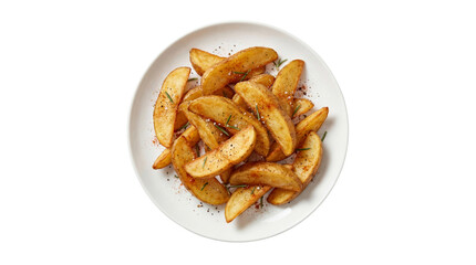 Golden brown seasoned potato wedges on a white plate, overhead view isolated PNG with Transparent Background