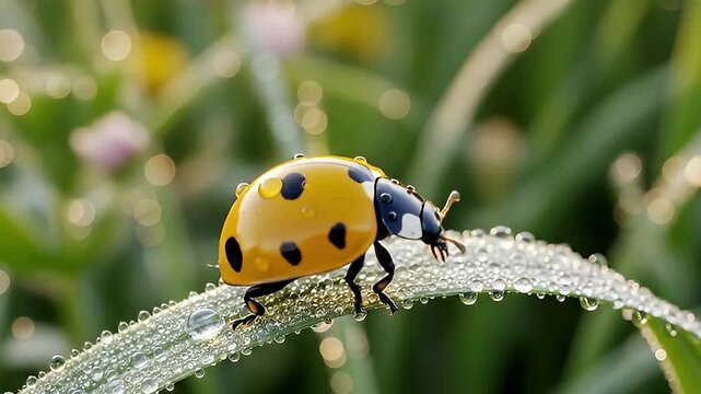 A vibrant macro shot captures a small, spotted insect with a bright yellow shell and black markings, delicately navigating a dew-kissed blade of green grass. Numerous glistening water droplets adorn b