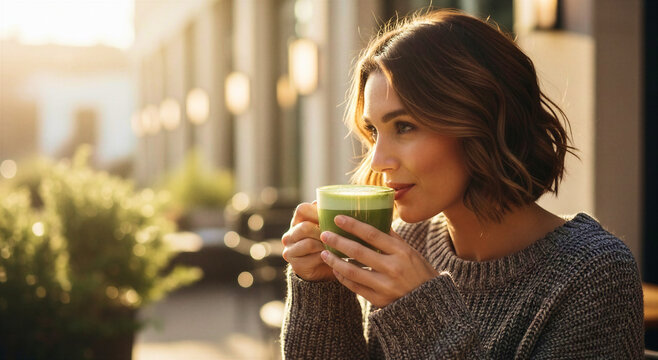 Woman drinking matcha latte outdoors in cozy sweater during sunset  