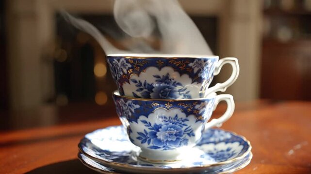 Steamy tea cups stacked on a wooden table in a cozy indoor setting captured from a front viewpoint