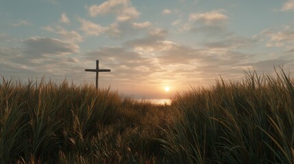 Obraz premium Serene Sunrise Over Grassy Field with Cross Silhouette and Calm Ocean Horizon, Capturing Peaceful Moments in Nature's Embrace