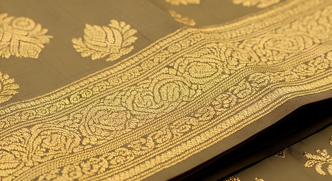 Close-up of traditional South Asian silk fabric with intricate gold zari embroidery and ornate floral patterns