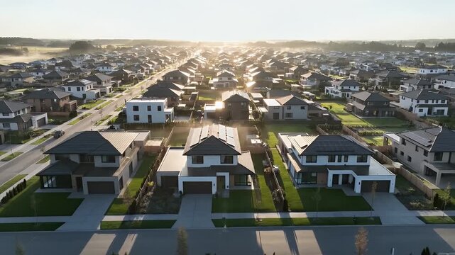 Aerial view of a modern suburban neighborhood with rows of houses bathed in sunlight