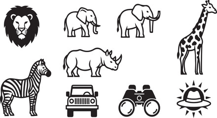 A collection of various animals and safari-related icons in black and white Vector © mahafuza