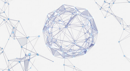 Geometric wireframe sphere with interconnected nodes and lines on a white background representing network connections and digital communication