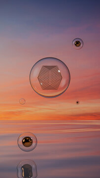 Surreal landscape with geometric shapes on water at sunset