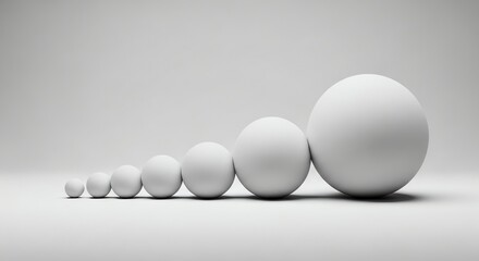 Row of Seven White Spheres Decreasing in Size on Light Gray Background