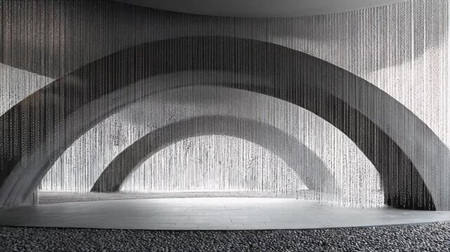 Modern architectural interior with archways, bead curtains, and textured surfaces