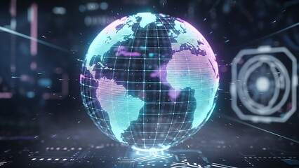 Obraz premium Glowing digital globe with grid lines on futuristic circuit board background