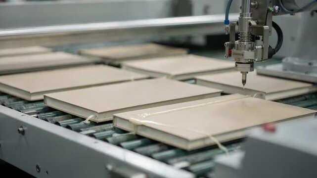Medium frame capturing a robotic arm applying glue to hardback notebook covers highlighting modern manufacturing processes in stationery production.