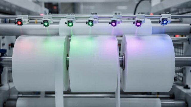 Medium shot showing industrial wiper rolls monitored by optical sensors to optimize roll diameter ensuring consistent quality and reducing excess material.