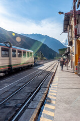 Inca Train at Ollantaytambo Station with Passengers, Gateway to Machu Picchu, Peru