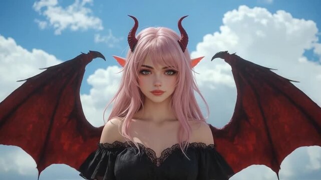 Fantasy Demon Girl with Wings Anime Style Illustration