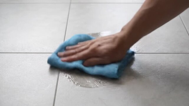 Person Wiping Spilled Liquid with Blue Microfiber Cloth on Grey Tiled Floor Footage