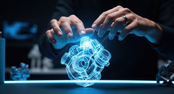 Professional hands sculpting virtual 3d object model, dark studio, neon blue, digital art, shallow depth, sharp stock photo.