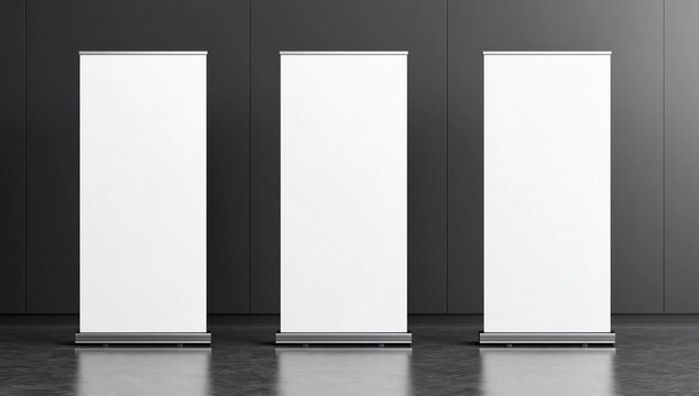 Three Blank roll up banner display. Template mockup. 3d render