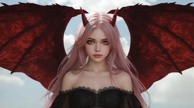 Fantasy Demon Girl with Wings Anime Style Illustration