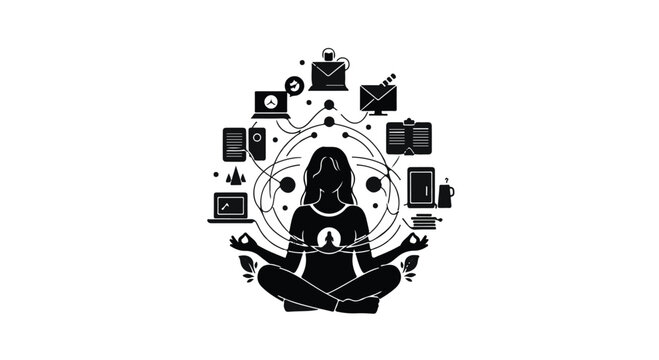 woman meditating surrounded by social media icons and technology