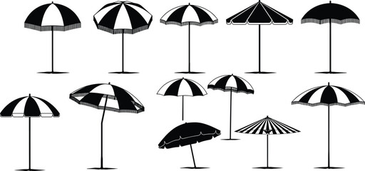 Black beach umbrella and parasol silhouette set with various designs, isolated on white background, flat vector illustration for summer resort outdoor design use © Samol