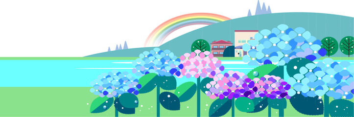 雨上がりの虹とアジサイが咲く初夏の風景イラスト © kawano