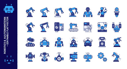 Fototapeta premium Collection of blue robotic automation icons machinery and technology symbols on white background representing industry and innovation