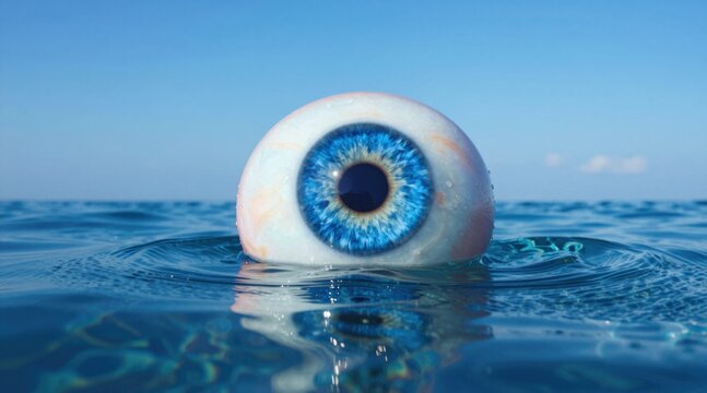 Surreal floating eyeball in tranquil blue ocean water, vivid blue iris with detailed texture, imaginative underwater art concept symbolizing perception and observation