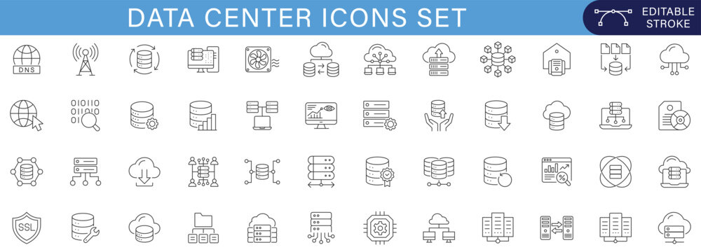 Modern data center and cloud computing icons set featuring server, database, cybersecurity, hosting, monitoring, and network infrastructure concepts in clean outline style.